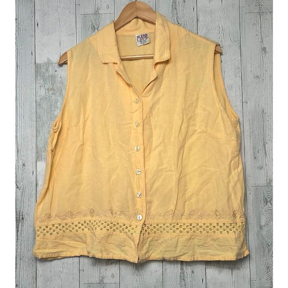 Vintage 1990s Magic Linen Blend Crochet & Embroidered Detail Yellow-Gold Top Sz.